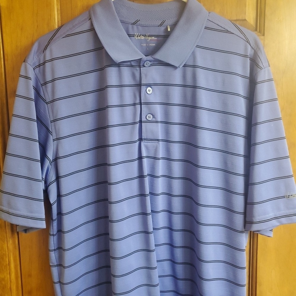 Walter Hagen Large Polo Mens Blue Striped‎ Essentials Golf Performance Shirt L